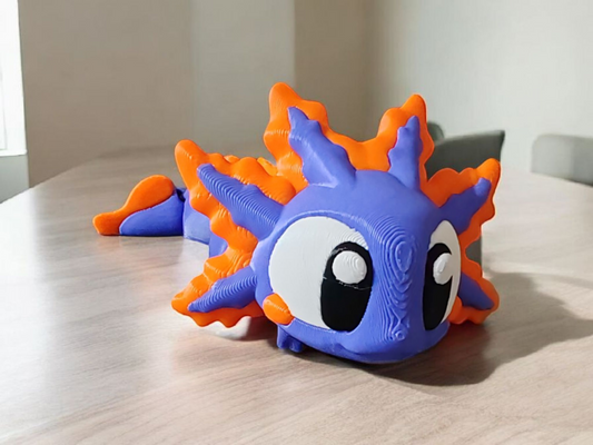 Pink axolotl salamander with articulated body and external gills