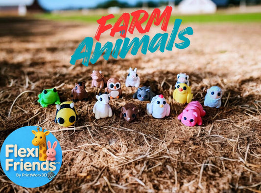 Collection of colorful FlexiFriends farm animal figurines including bunny, cow, chicken and turkey