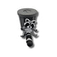 Gray and black articulated raccoon figurine in trash can