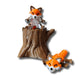 Fox figurine display options with trash can and tree stump