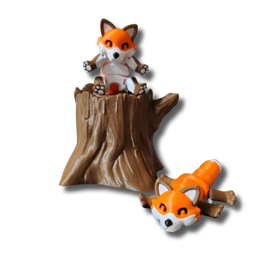 Fox figurine display options with trash can and tree stump