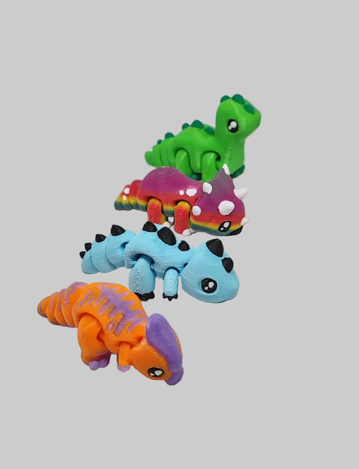 Flexible 3D printed Triceratops, T-Rex, Parasaur and Brontosaurus figurines