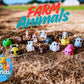 Collection of colorful FlexiFriends farm animal figurines including bunny, cow, chicken and turkey