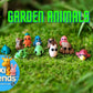 Collection of colorful FlexiFriends garden animal figurines including birds, spider and frog