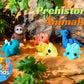 Collection of colorful FlexiFriends prehistoric dinosaur figurines including T-Rex and Triceratops