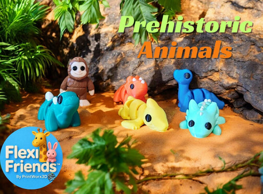 Collection of colorful FlexiFriends prehistoric dinosaur figurines including T-Rex and Triceratops