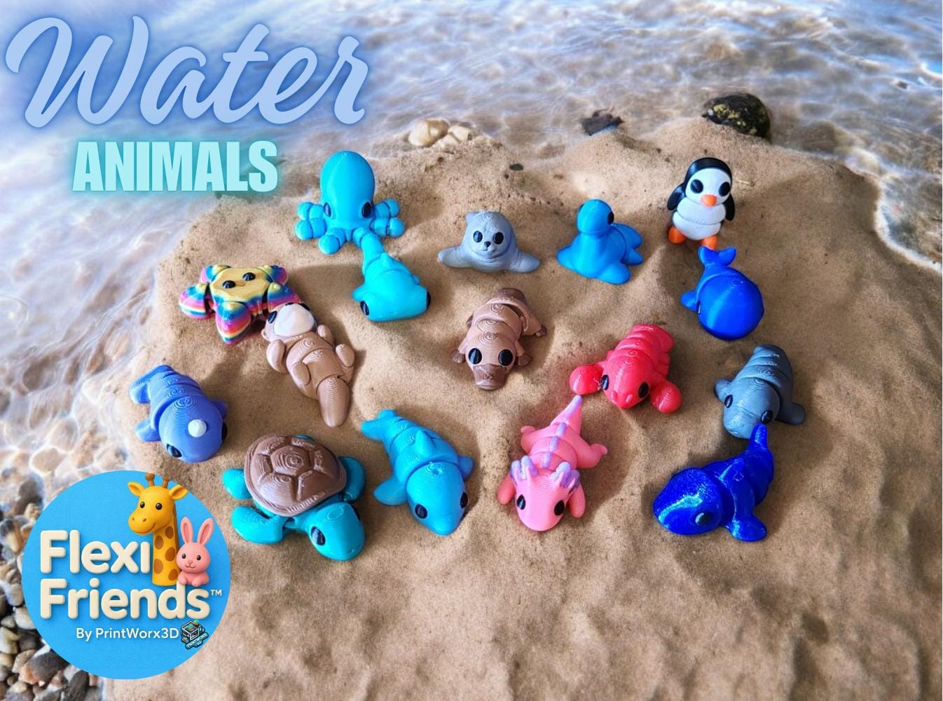 Collection of colorful FlexiFriends water animal figurines including dolphin, shark and octopus